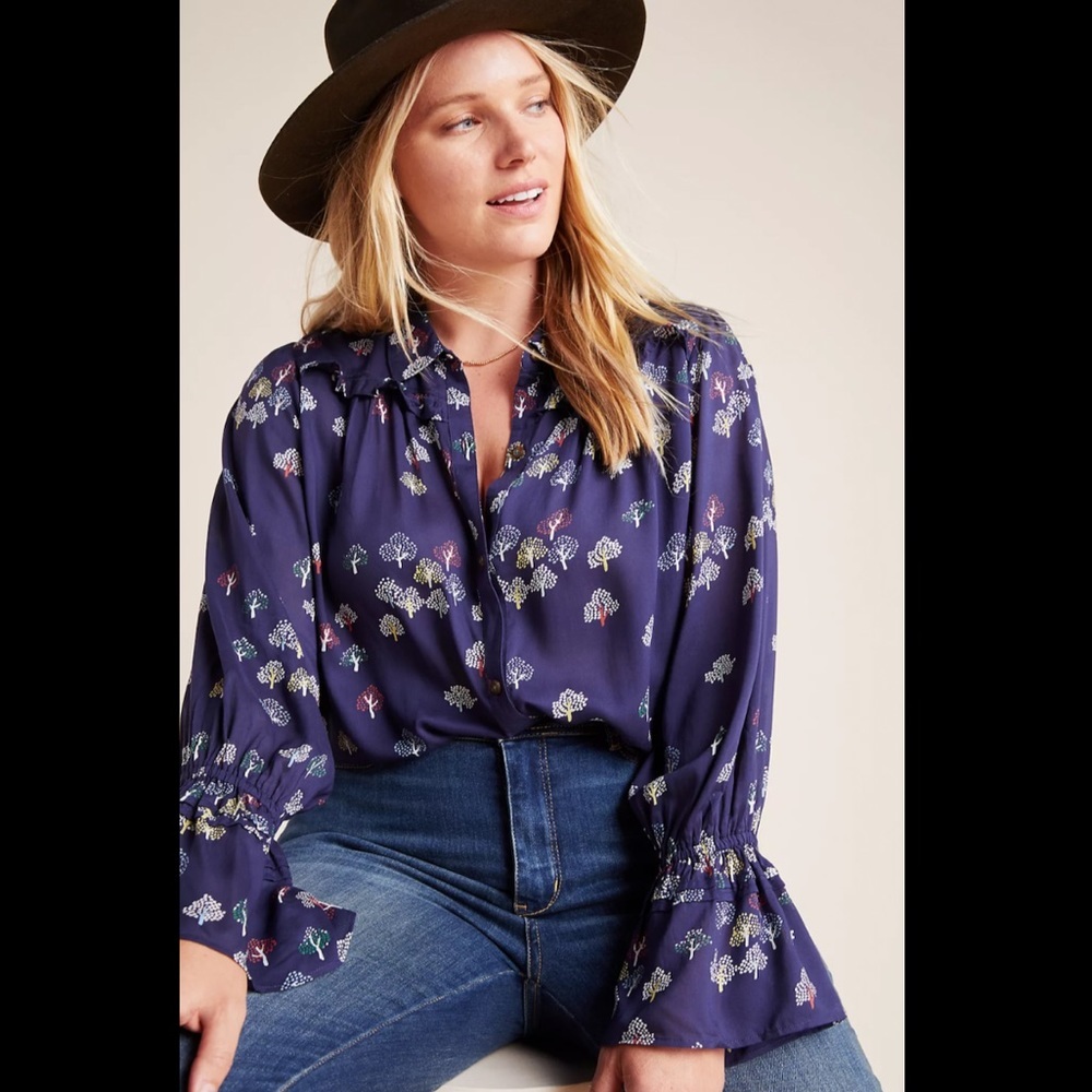 Anthropologie Maeve Fredericka Buttondown Novelty Print Blouse
